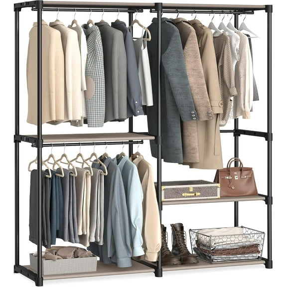SONGMICS Portable Closet, Freestanding Closet Organizer, Clothes Rack with Shelves, Hanging Rods, Storage Organizer, for Cloakroom, Bedroom, 54.3 x 16.9 x 71.7 Inches, Taupe URYG025R02