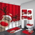 thumbnail image 1 of Juego de 4 cortinas de ducha navideñas con alfombras antideslizantes, tapa de inodoro y alfombrilla de baño, cortina de ducha de alce duradera e impermeable, 1 of 5