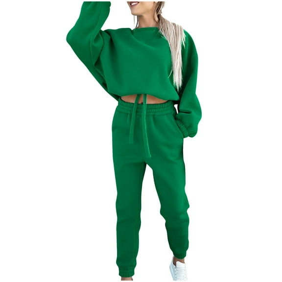 qolati Womens Two Piece Outfits 2024 Fleece Long Sleeve Oversized Cropped Sweatshirts with Jogger Pants Lounge Matching Sets Fall Winter Y2k Clothes Workout Tracksuit Sweatsuits