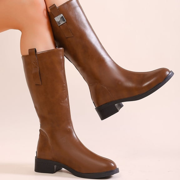 Taylonsss Women's Faux Leather Mid-Calf Boots with Crystal Buckle Detail and Low Blocks Heel for Winter Casual Wear Comfortable All-Day Support