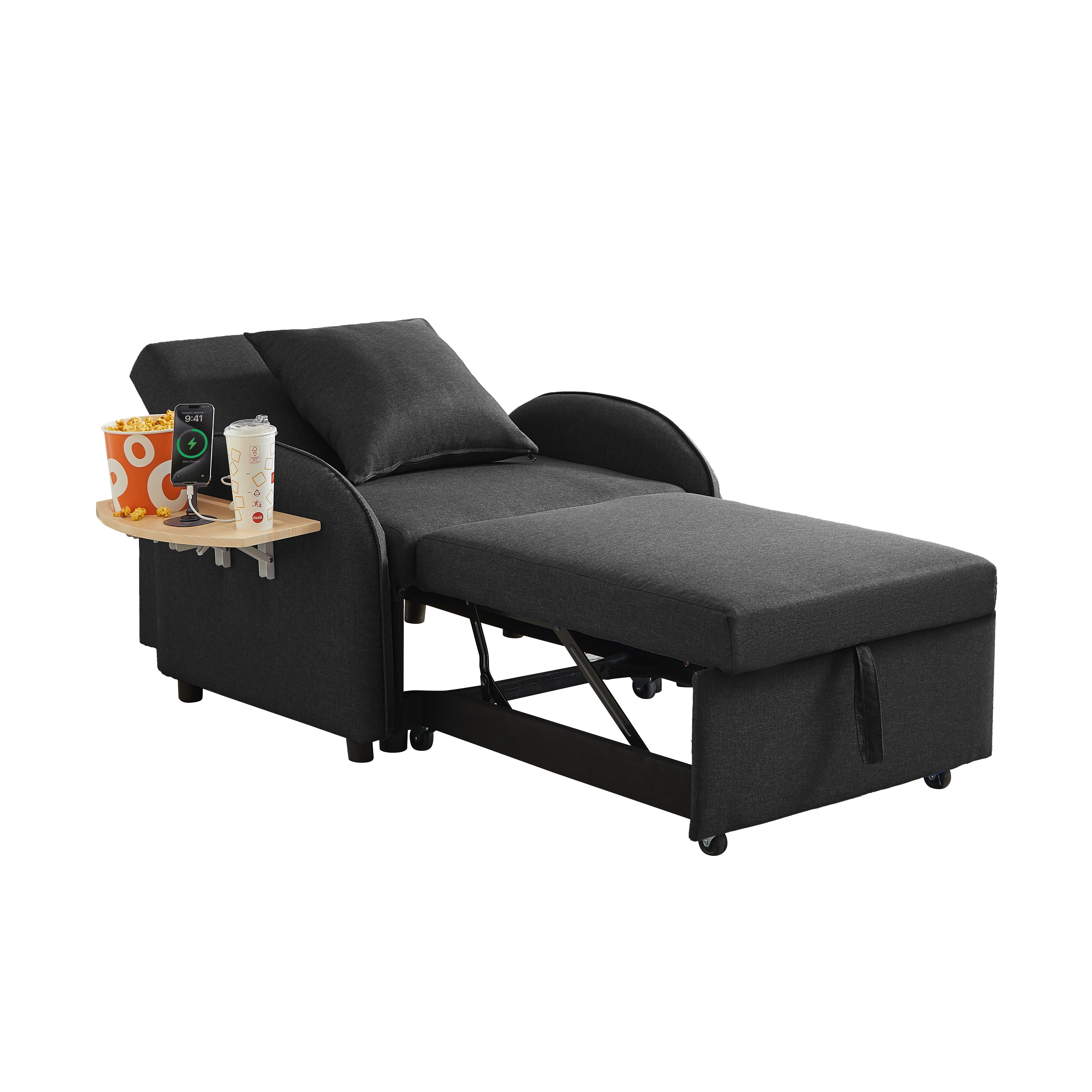 Leumius Convertible Sofa Chair Bed,3-in-1 Sleeper Sofa with Pull-Out Bed and USB Port,Foldable Table,Modern Linen Single Sofa Chair with Reclining Backrest for Living Room Small Space,Black