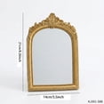 thumbnail image 3 of Small Gold Vintage Vanity Desk Makeup Mirror 8.3 x 5.5 in Antique Decorative Wall Mirror,Resin Carved Arch Table with Stand for Living Room,Bedroom Dresser,Desktop Decor, 3 of 6