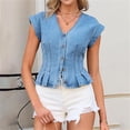 thumbnail image 4 of Holzkary Women's Denim Vest Tops Trendy 2026 Cap Sleeve Deep V Neck Button Down Y2K Fitted Pleated Sleeveless Jean Vest Tops for Women Classic Summer Crop Waistcoat Jacket Denim Tops Light blue XL, 4 of 9