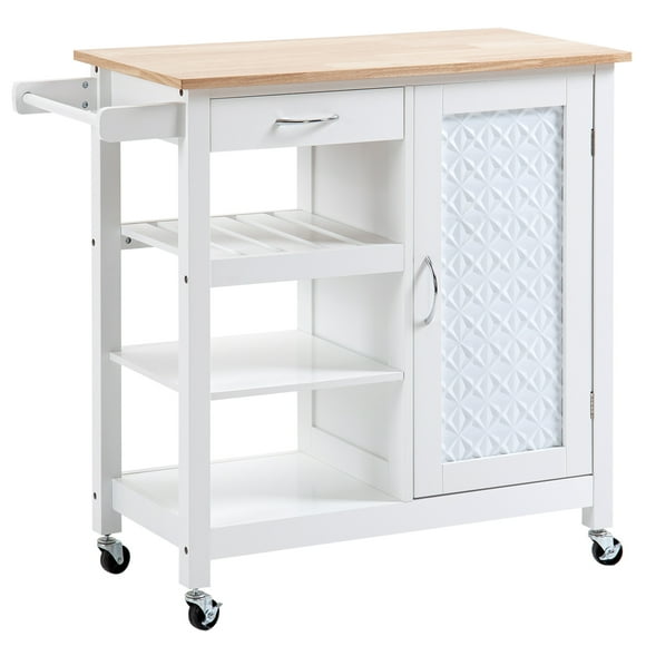 HOMCOM Kitchen Cart on Wheels with Embossed Door Panel, Utility Kitchen Island with Storage Drawer, White
