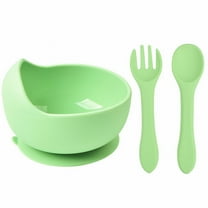 Miyuadkai Tableware Green, Almond Silicone Suction Cup and Spoon Set Baby Bowl Non Breakable Baby Feeding Utensils Stage 1 Self Feeding Weaning Food First Set, 1 Bowl   1 Spoon   1 Fork