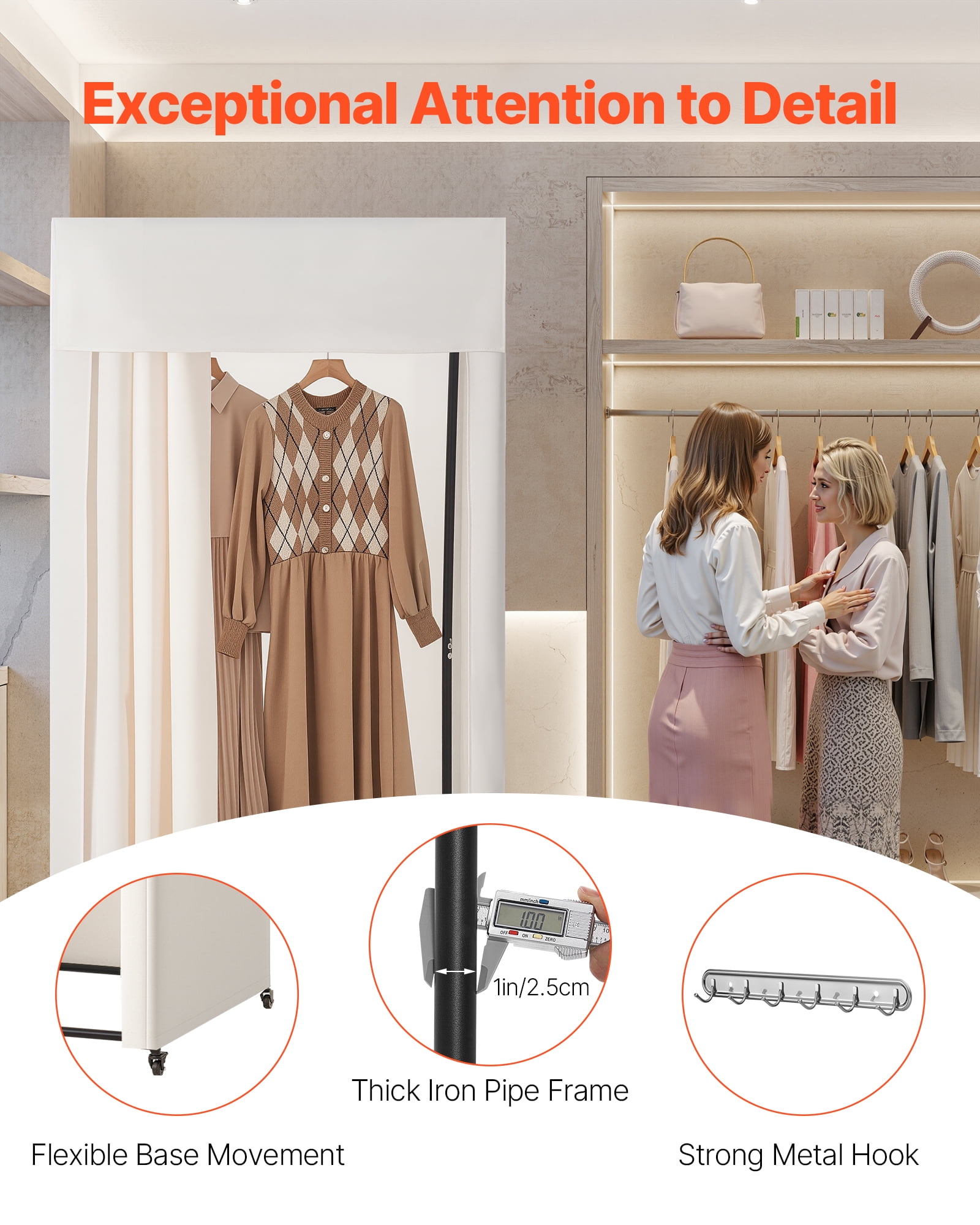 VEVOR Fitting Room, Moveable Dressing Room with Thick Curtains, Privacy Space with Casters and a Sturdy Metal Hook, for Boutique, Mall, Tailor's Store & Outdoor (39 x 39 x 81 in, Black and Beige)