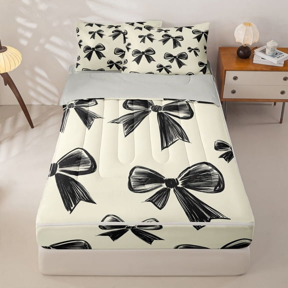 Homewish Cute Coquette Bow Zipper Twin Comforter Sets with Fitted Sheet and 2 Pillowcases For Girls,Black Kawaii Bowknot Kids Zipper Bedding Set,Lightgray Reversible,4 Pieces