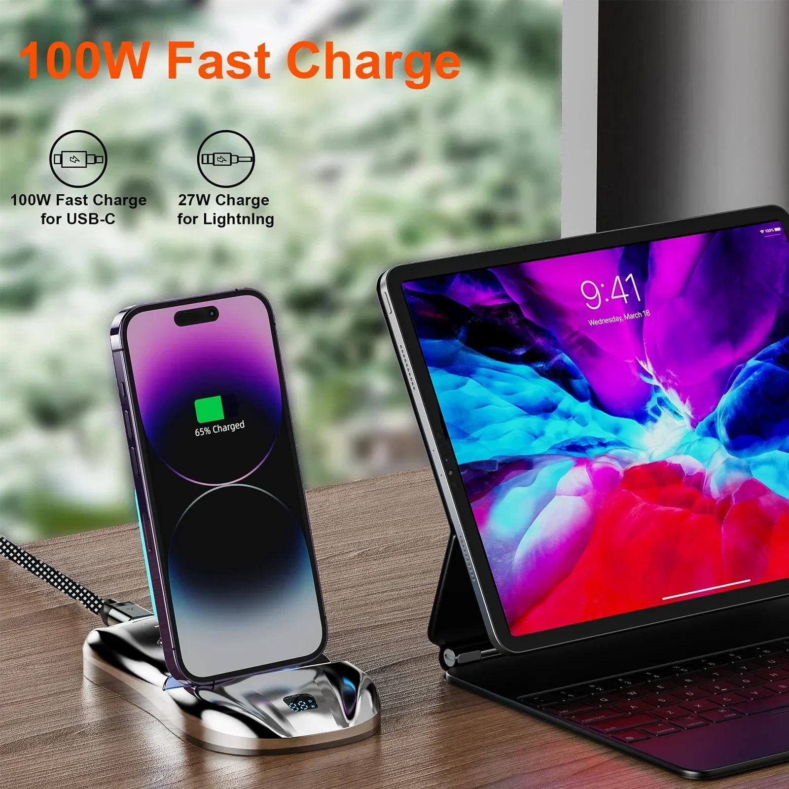 3 In 1 Magnetic Charging Station 100W Fast Charger with USB-C and Cable for iPhone, Phone Stand, Wireless Charging Pad-Blue