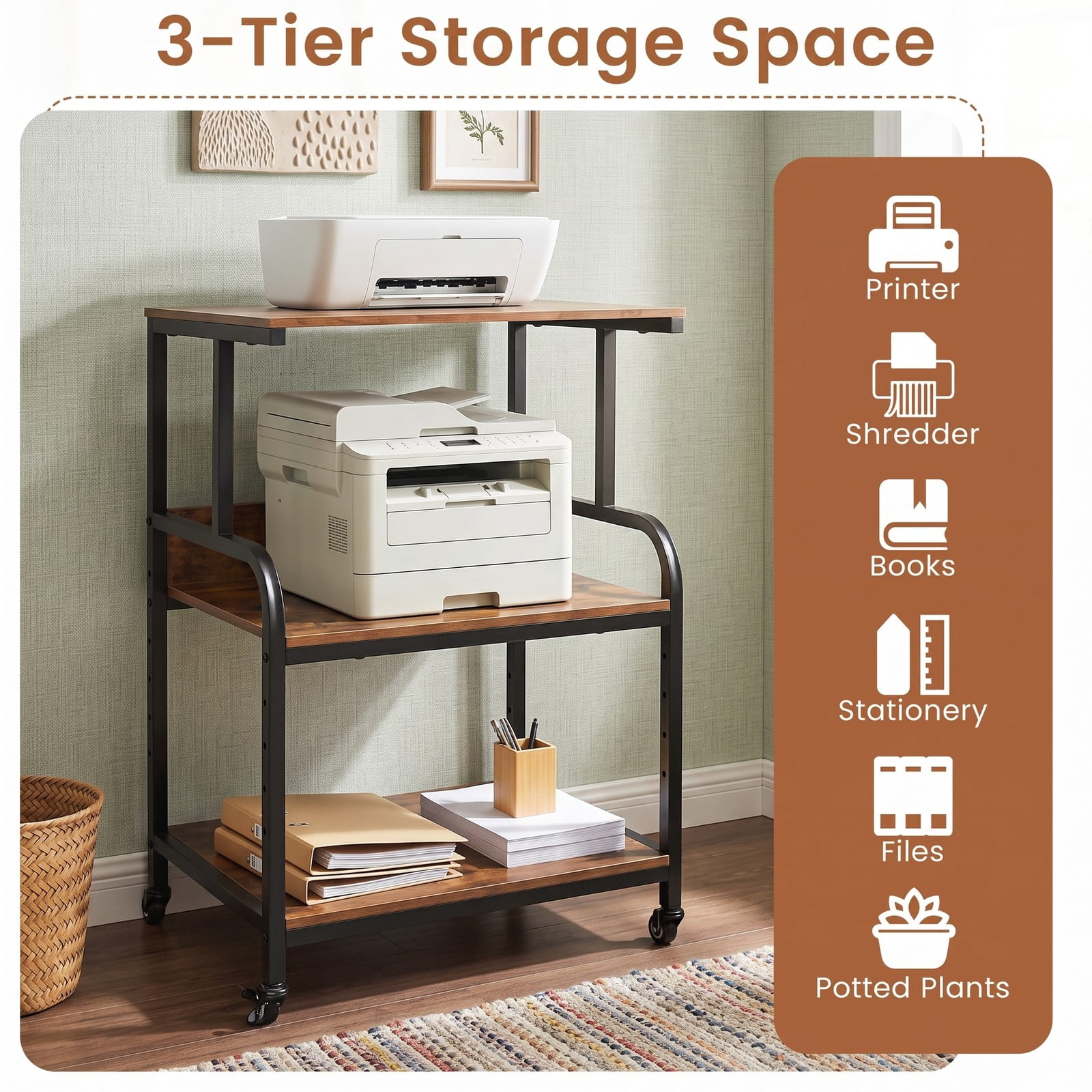 Furnibear 3-Tier Rolling Printer Stand, Mobile Printer Cart with 5-Level Adjustable Shelf and Lockable Wheels, Metal Frame Office Machine Cart for Home, Rustic Brown