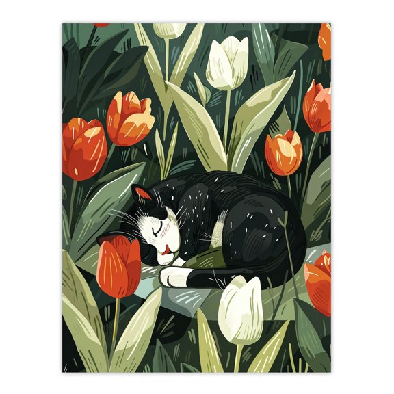 Artery8 Cat Lover Cute Pet Sleeping in Tulip Flower Field For Living Room Large Wall Art Poster Print Thick Paper 18X24 Inch