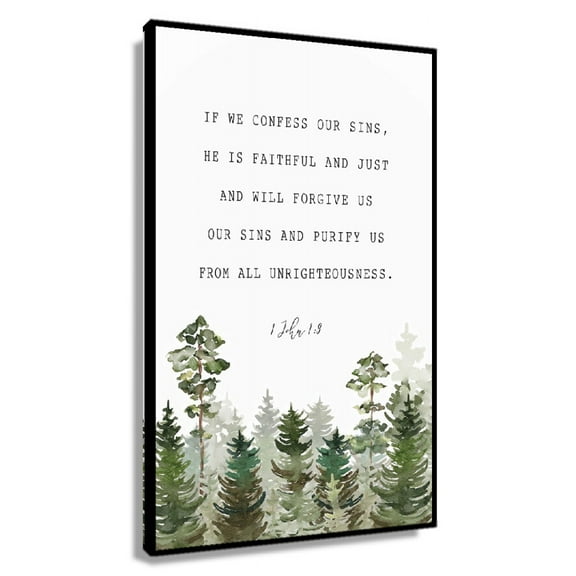 If We Confess Our Sins 1 John 1 9 Bible Verse Wall Art Forest Scripture Print Watercolor Green Poster Nature Bathroom Artwork Vertical Canvas Bedroom