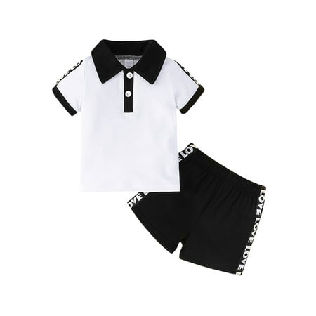 

2Pcs Baby Boy Summer Outfits Short Sleeve Button Down Lapel Tops + Letter Shorts Set