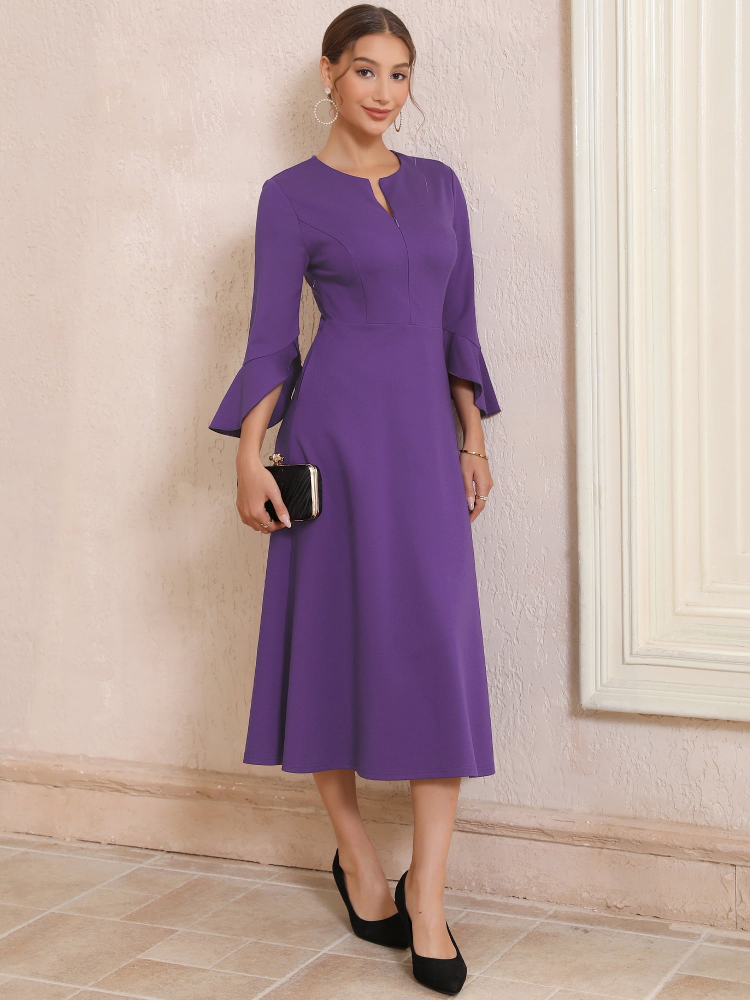 DARING DIVA Women's Zipper Front Bell Sleeves Midi A-Line Dresses 2XL Purple