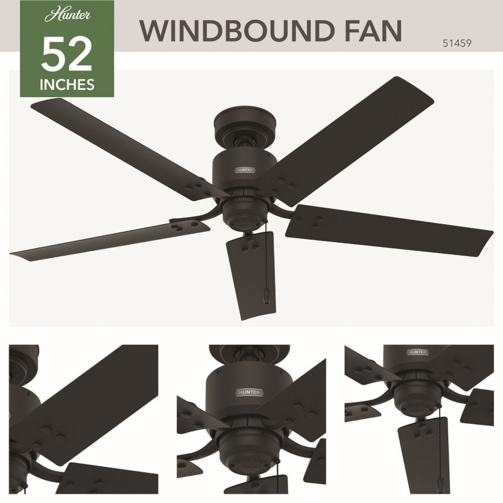 Hunter 52 inch Windbound Matte Black Damp Rated Ceiling Fan and Pull Chain Sansujyuku sansujyuku.com