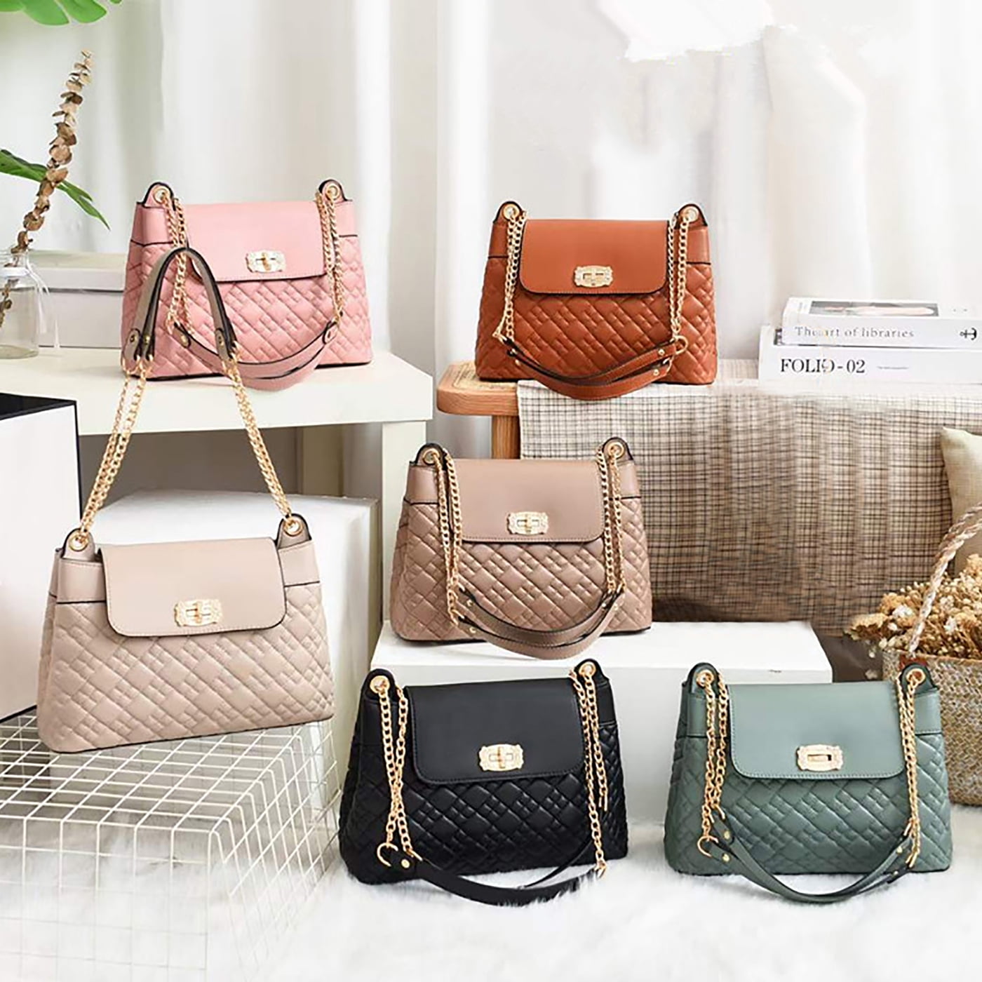PORT&LOTUS Khaki Stylish Quilted Shoulder Bag with Gold Chain and Elegant Twist Lock Ideal Fashion Accessory for Women Handbags Purses with Chain Strap