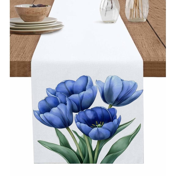 Blue Tulip Table Runner 72 Inches, Spring Floral Botanical Blossom Motif Bed Runner Dresser Scarves Tabletop for Indoor Outdoor Parties/Ceremony/Banquet, 14" x 72"
