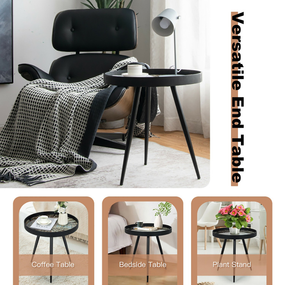 Finihen End Side Table, Round Coffee Table, Modern Round End Table with Wooden Tray Top, for Living Room, Bedroom, Black Finihen End Side Table, Round Coffee Table, Modern Round End Table with Wooden Tray Top, for Living Room, Bedroom, Black