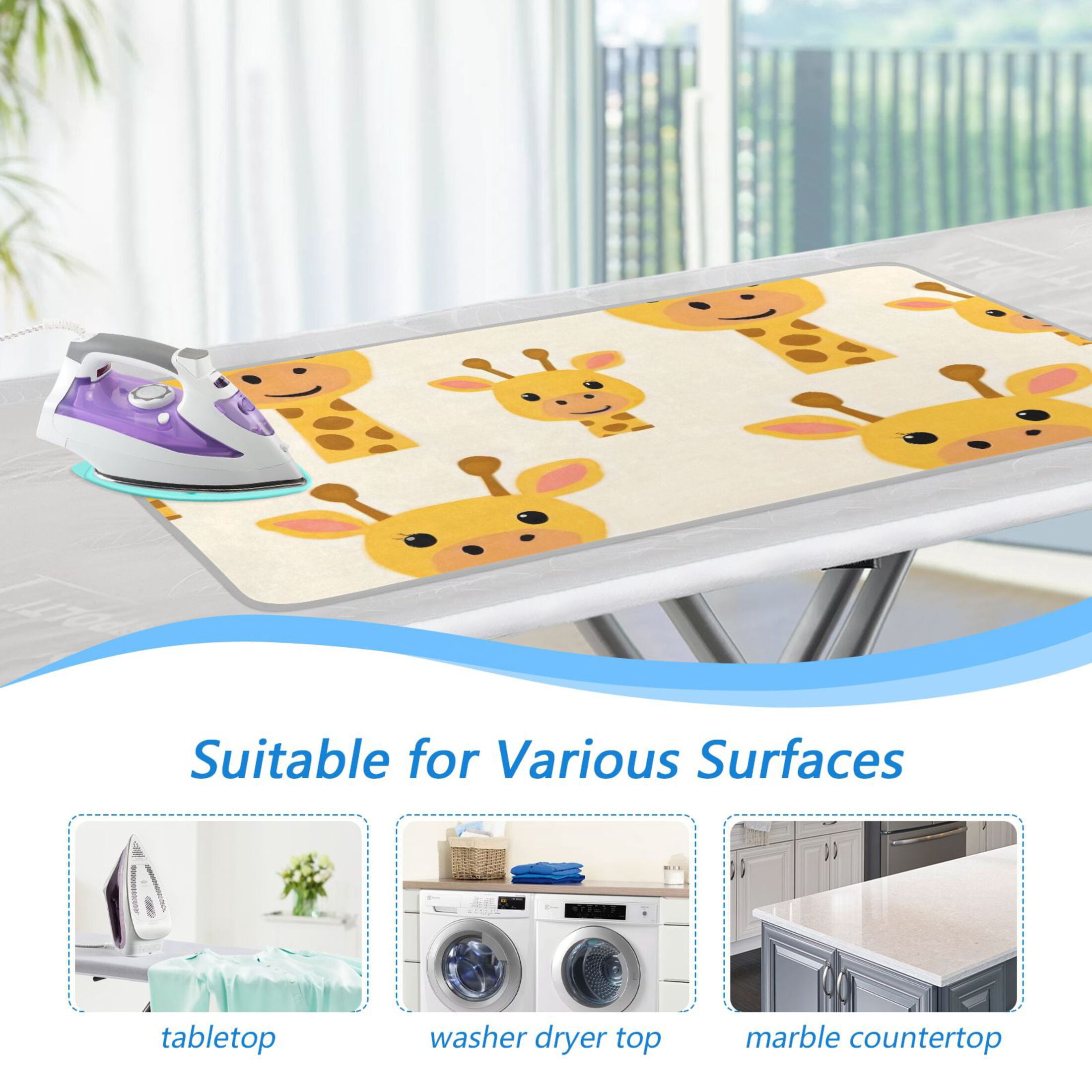 Cute Giraffes Faces Cartoon Ironing Mat Blanket Portable Travel Ironing Pad Heat Resistant Pad 47.2" x 27.6”
