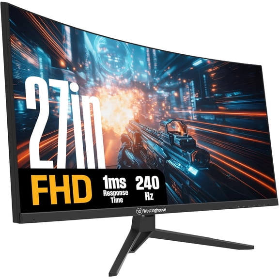 Westinghouse 27 Inch Curved Gaming Monitor, 240Hz, 1ms, 1500R, FHD 1080P, 4000:1 Contrast Ratio, 118% sRGB, AMD FreeSync, Eyecare, for PC Games with Built-in Speakers, DisplayPort, HDMI-Black