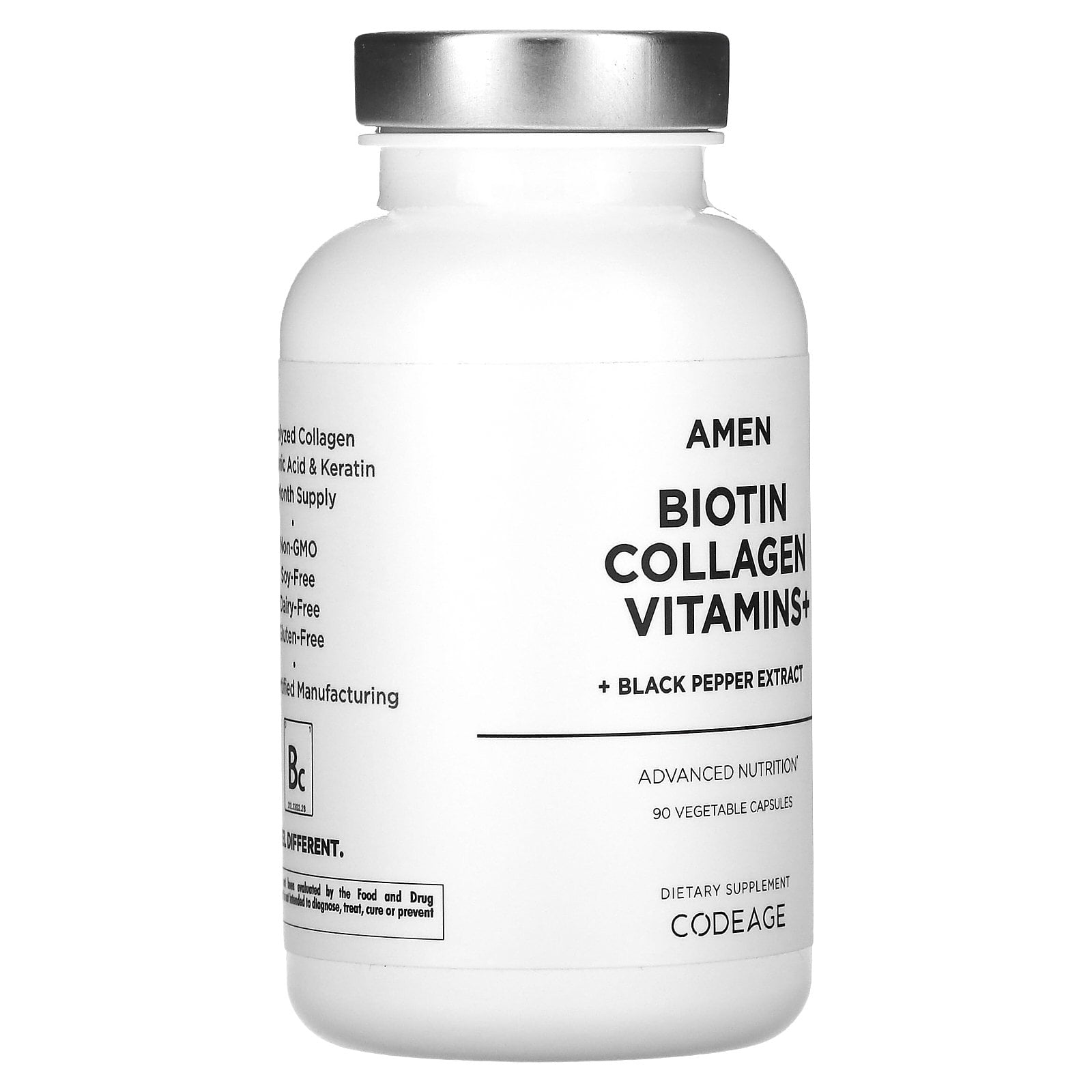 Amen Biotin Collagen Peptides, Vitamins C & E, Folate, Keratin, Hyaluronic Acid, Hair & Skin, 90 ct