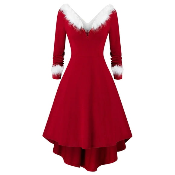 GDREDA Women's Festive Panel V-Neck Asymmetrical Long Sleeve Party Dress for Autumn Winter Holiday Season Red,XXL