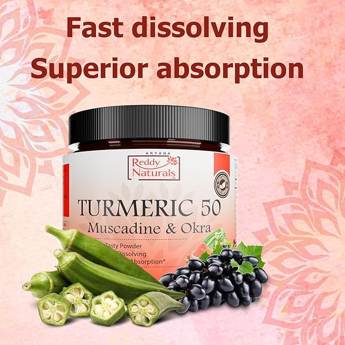 Aryana Reddy Naturals Turmeric 50 Powder – Organic Turmeric Supplement with Curcumin, Muscadine Grape & Okra Extract, Fast-Dissolving Superfood Formula for Daily Wellness & Digestion Support- 4.2 Oz