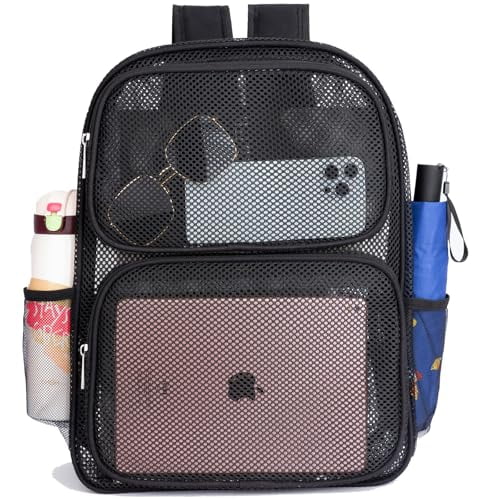 Mesh Backpack for School Heavy Duty Mesh Book bag Mesh See Through Backpack for School Beach,Travel,Medium,Black