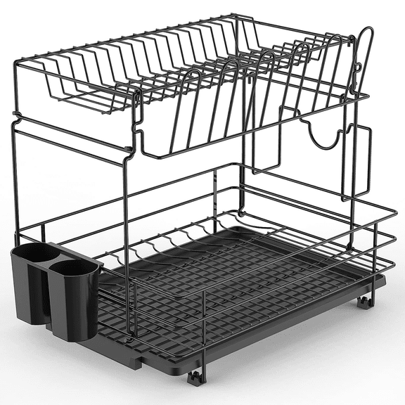 Auledio 2 Tiers Dish Drying Rack with Filter Tray Durable Kitchen Sink Organizer-Black
