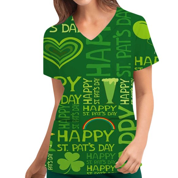 EGNMCR Scrubs for Women Fashion Women St. Patrick's Day Printing Short Sleeve V Neck Tops Nursing Working Uniform St Patricks Day Gifts for Women