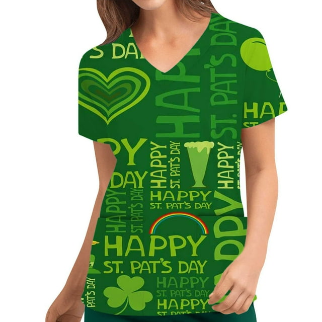 EGNMCR Blouses Médicales pour Femmes Mode Femmes Impression de la Saint-Patrick Manches Courtes Col en V Hauts Uniforme de Travail Infirmier Cadeaux de la Saint-Patrick pour Femmes