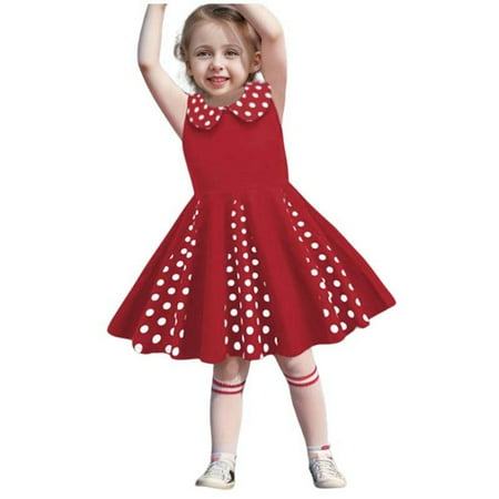 

WUXIAN Toddler Child Kids Girls Polka Dot Patchwork Lapel Zip Up Sleeveless Dress Princess Dress Infants Baby Sundress Simple Dailywear