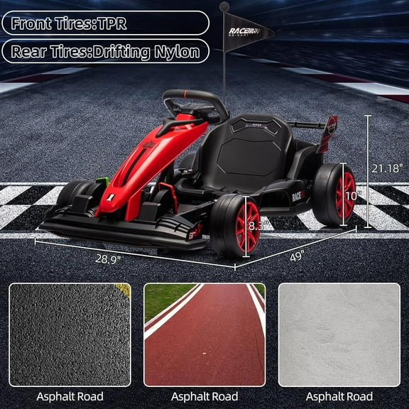 Historyli 24V Ride On Go Kart, Electric Ride On Car, Drift Kart, with Adjustable Seat, Red