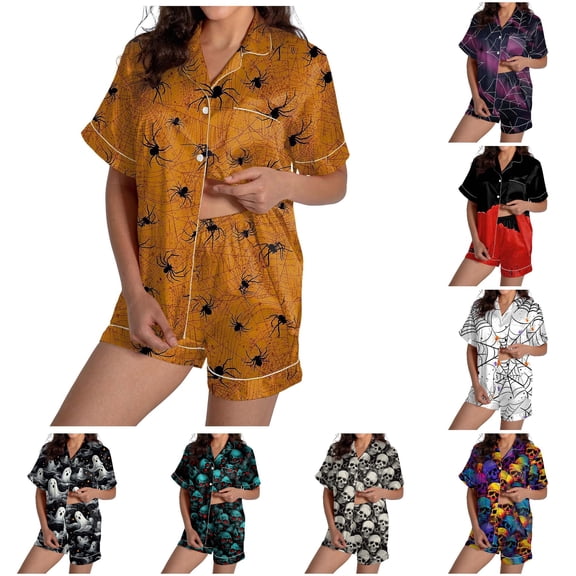 Weebloom Halloween Comfy Pajamas For Women Set Two Piece Outfits Short Sleeve V Neck Shorts Set Sleepwear Nightwear Pjs Loungewear Gold S