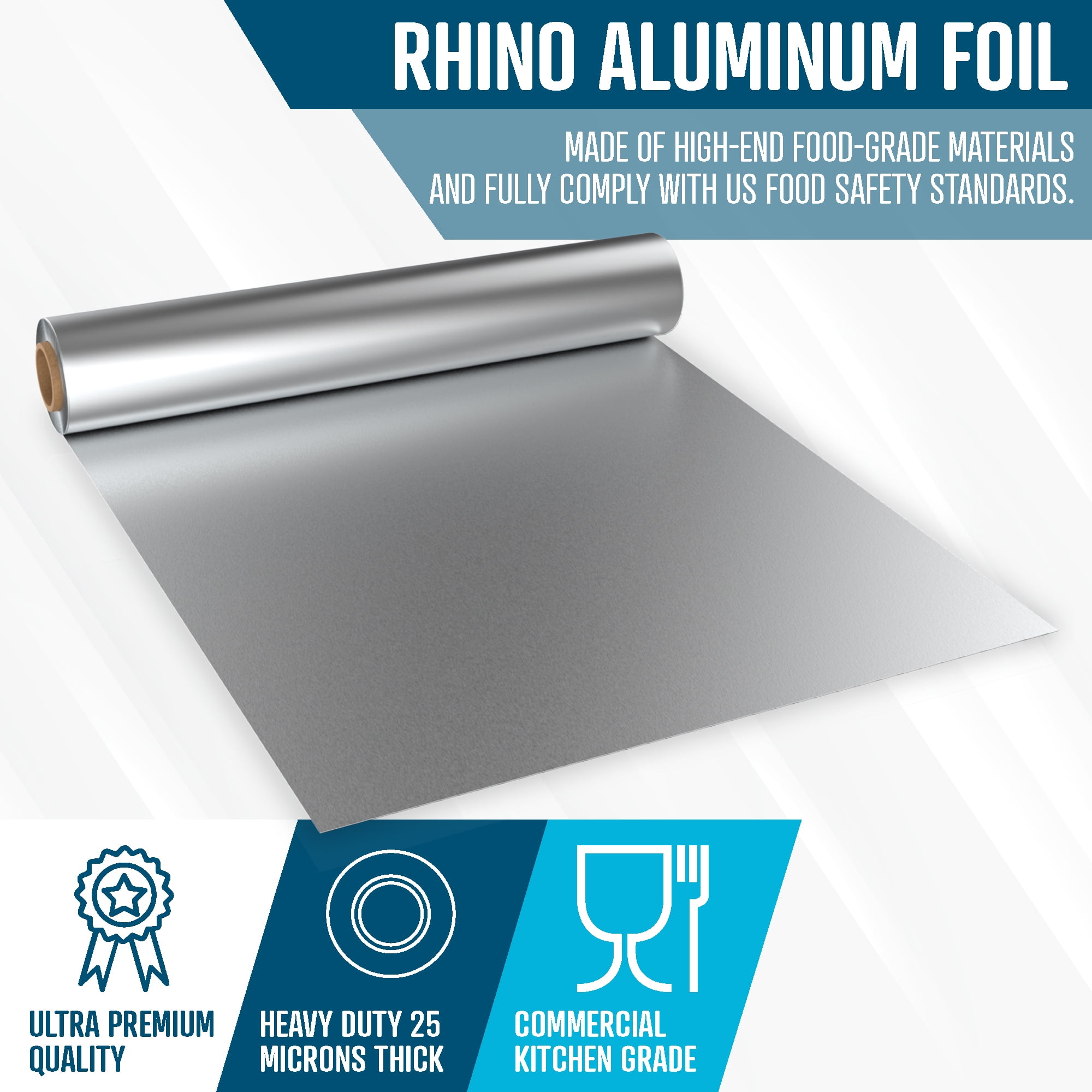 Rhino Aluminum Heavy Duty Aluminum Foil | 12 Inches by 350sf Long Roll, 25 Microns Thick | Commercial Grade & Extra Thick, Strong Enough for Food Service Industry