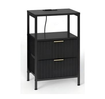 Ktaxon Nightstand with Charging Station End Table with 2 Fabric Drawers Bedside Table Furniture for Bedroom, Living Room,Fluted Black Wave Design