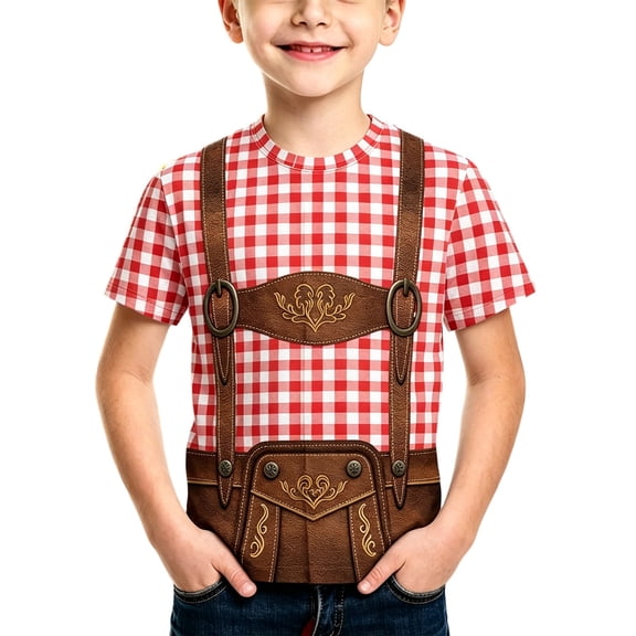 Bobifish Boys Tee Shirts Oktoberfest Red Gingham Print Crew Neck Short Sleeve T-Shirts Seasonal Festive Everyday Tops Tees