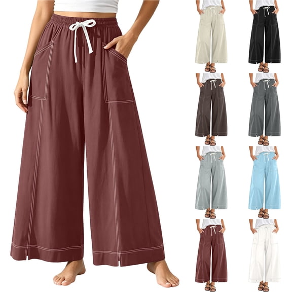 Bloomae Womens Wide Leg Pants Lightweight Casual Drawstring Elastic High Waist Baggy Sweatpants Loose Comfy Lounge Palazzo Trousers with Pockets