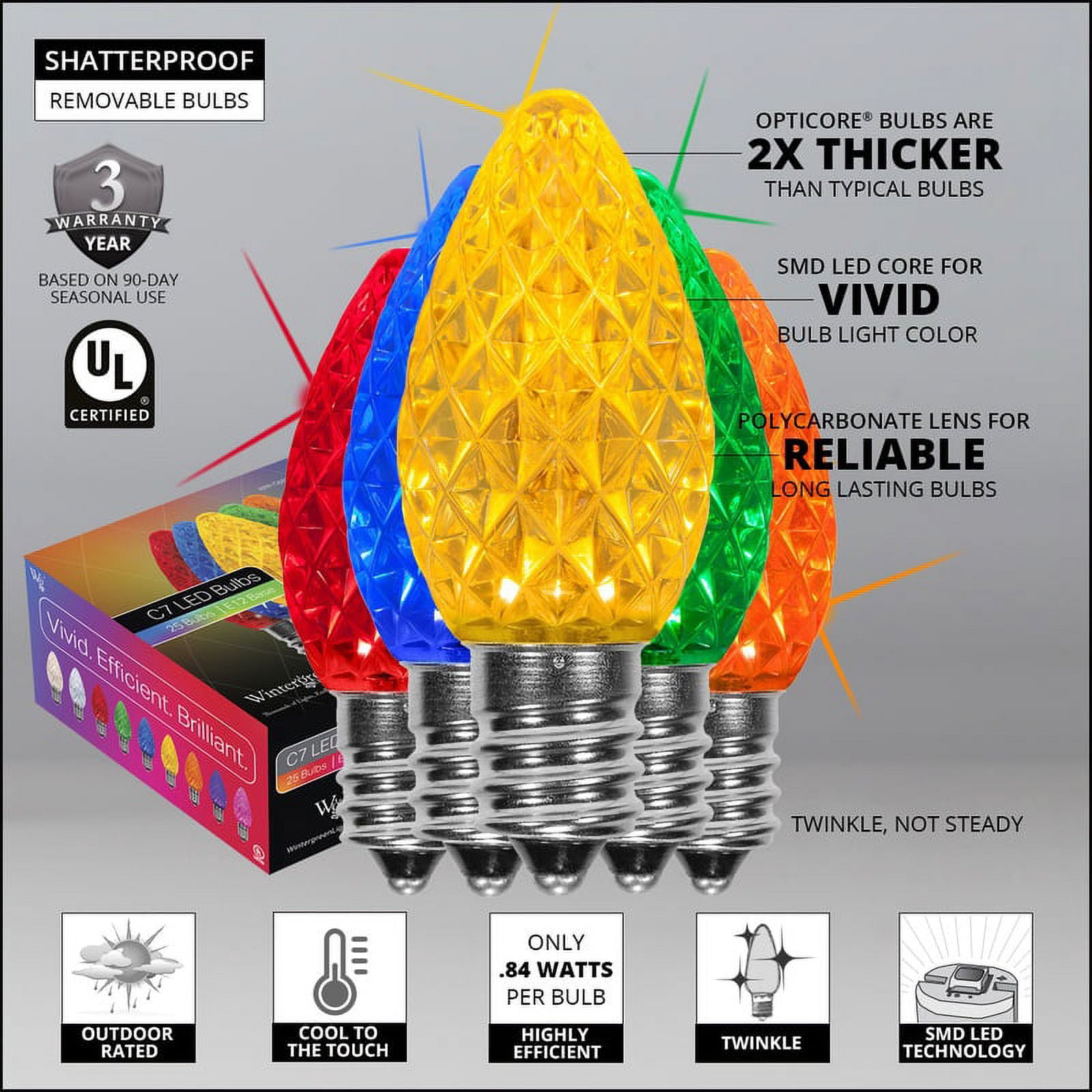 OptiCore C7 Shatterproof Multicolor Twinkle LED Christmas Replacement Bulbs for String Lights, Pack of 25, 0.84W, E12 Base