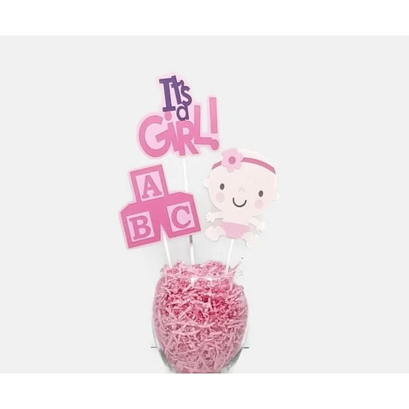 ZYLER- Baby Girl Centerpiece Sticks Cake Toppers With Baby Blocks Shower Decorations