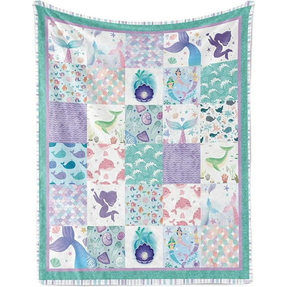 LHSHID Mermaid Baby Throw Blanket for Girls Soft Cozy Cute Mermaid Ocean Theme Plush Flannel Crib Blanket for Nursery Purple Teal Mermaid Fleece Blanket for Couch Newborn Toddler Kids Gift 50x60in