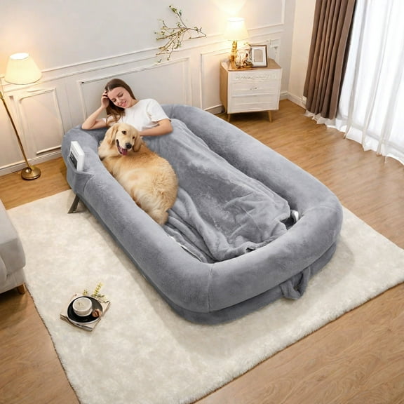 LOGYAT 71" Human-Sized Dog Bed, Removable Washable Faux Fur Cover, Orthopedic Memory Foam Human Pet Bed for Adults, Light Grey