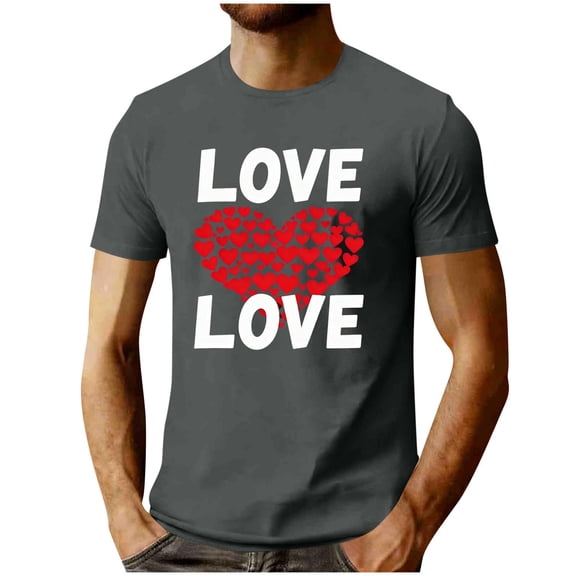 Aofany Men's 2026 Valentine Day T Shirt Plus Size Romantic Love Heart Print Tops Tunic Fit Fitness Short Sleeve Tshirts Lovely Round Neck Tee Top for Men