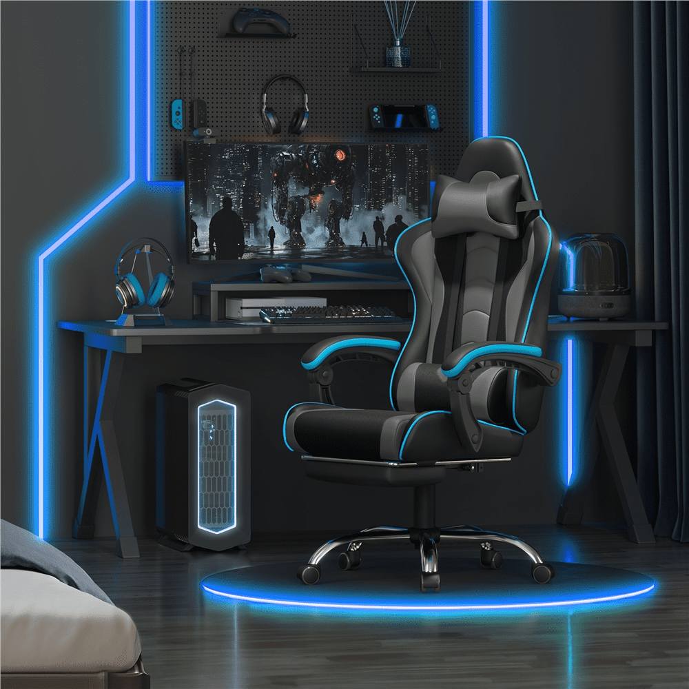 Alden Design Ergonomic High Back Gaming Chair with Massage Lumbar Pillow and Padded Armrests, Black/Gray
