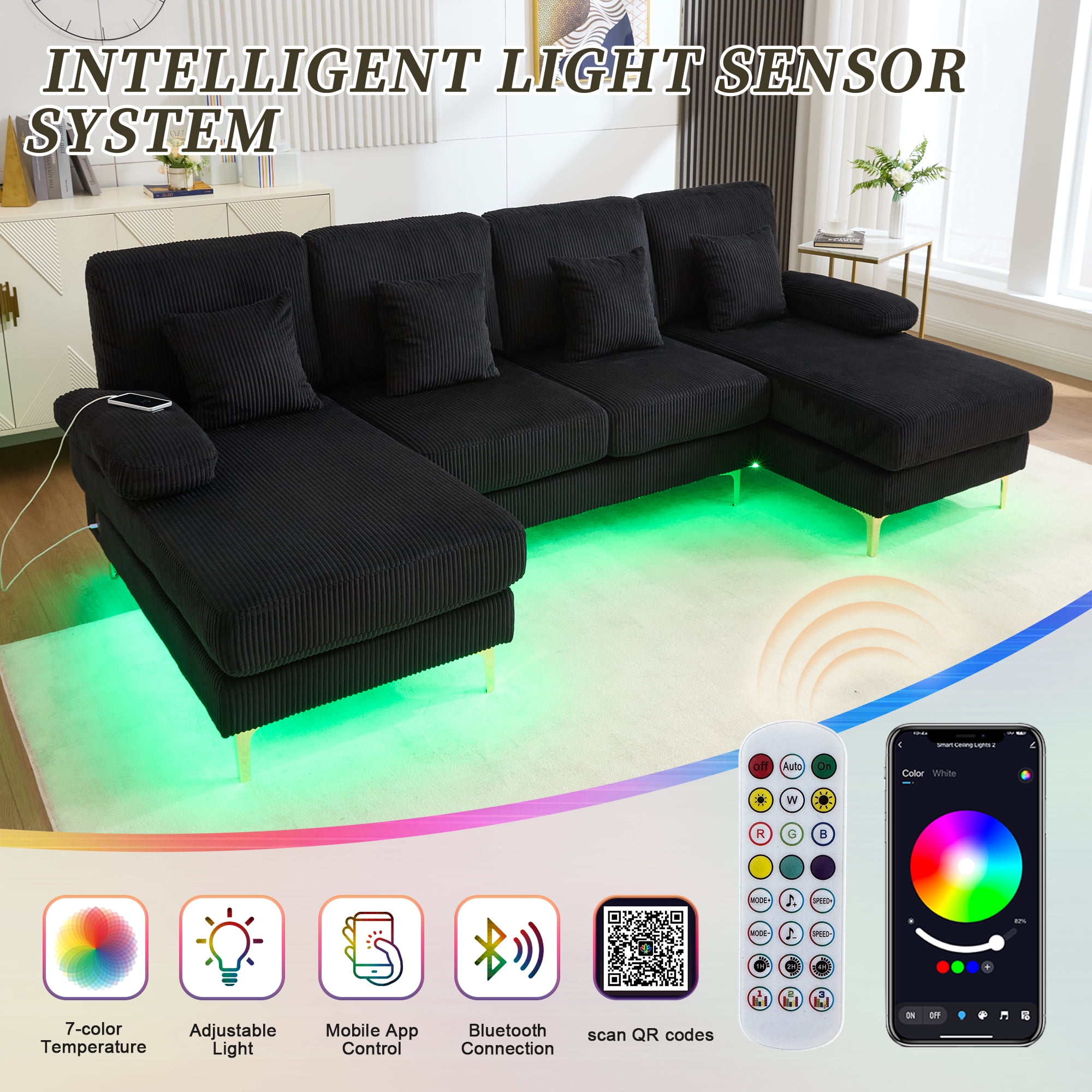 MOONMISS Corduroy Upholstered U-shaped Adjustable Light Modular Sectional Sofa With Type-C and USB ports-Black