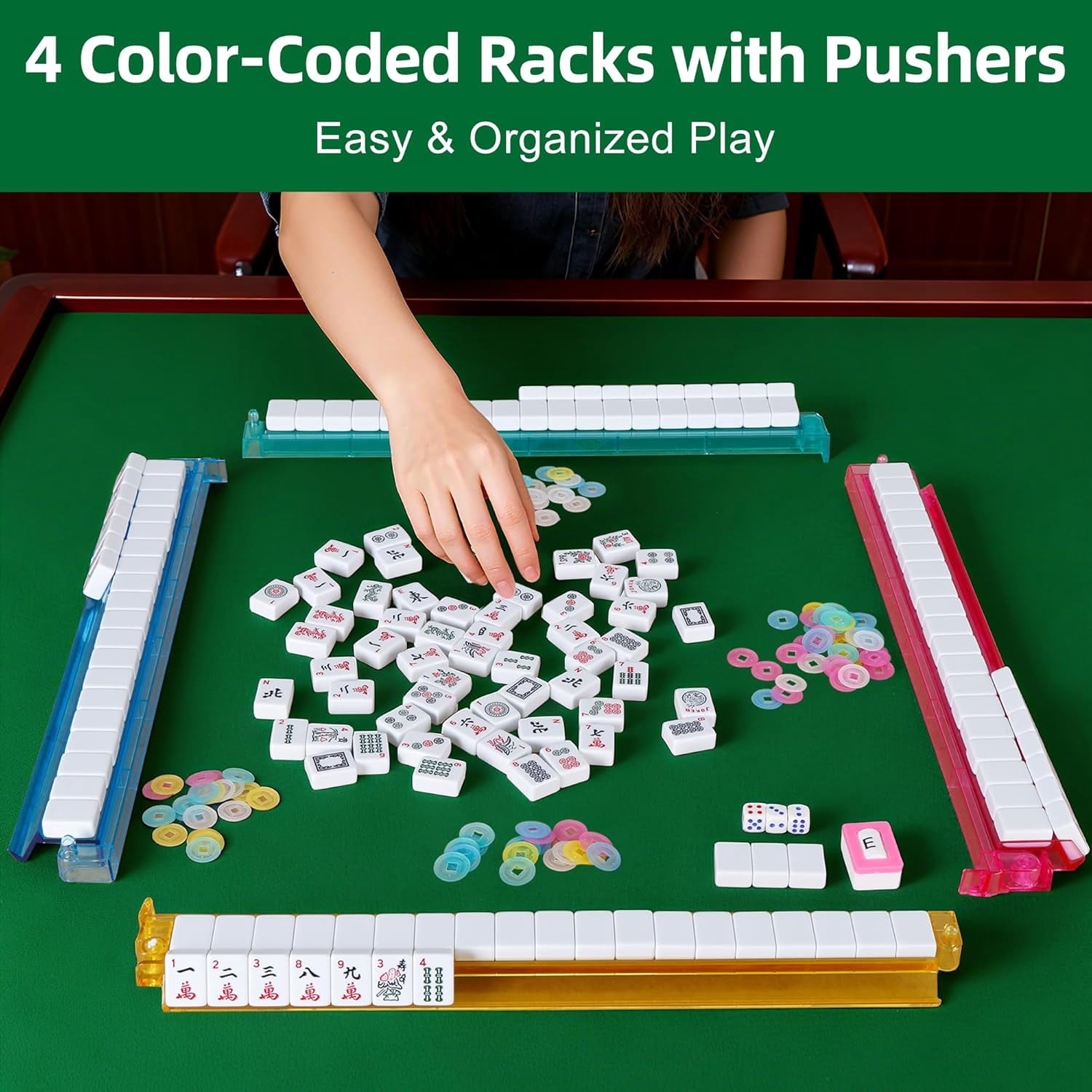 Full Size Mah Jongg Set 166 Premium Tiles, 4 Multi-Color Rack/Pushers, Travel-Friendly Red Bag, Ideal for American Mahjong & Chinese Mahjong