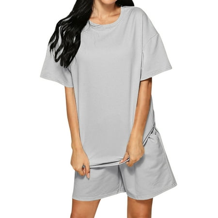 

HUBERY Women Pockets Crew Neck Short Sleeve Solid Color Set