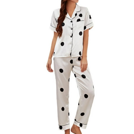 

Homgro Women s 2 Piece Pajama Set Satin Pjs Short Sleeve Summer Pants Silky Comfy V Neck Button Up Lounge Set White Small