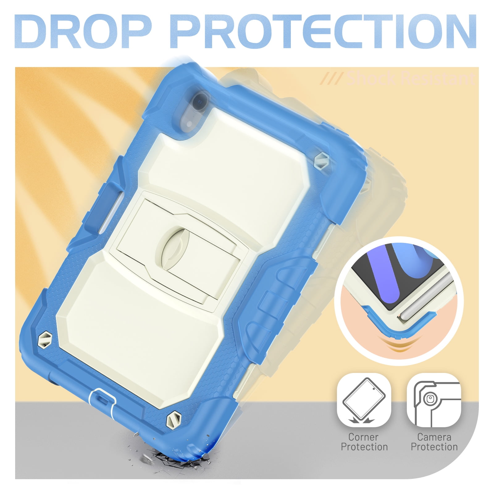 for iPad mini 6th Gen 8.3" 2021 Case with PET Screen Protector + Pencil Holder + Stand + Shoulder Strap | Heavy Duty Protection 3 Layer Silicone PC Case for iPad mini 6th Generation | Skyblue+Beige