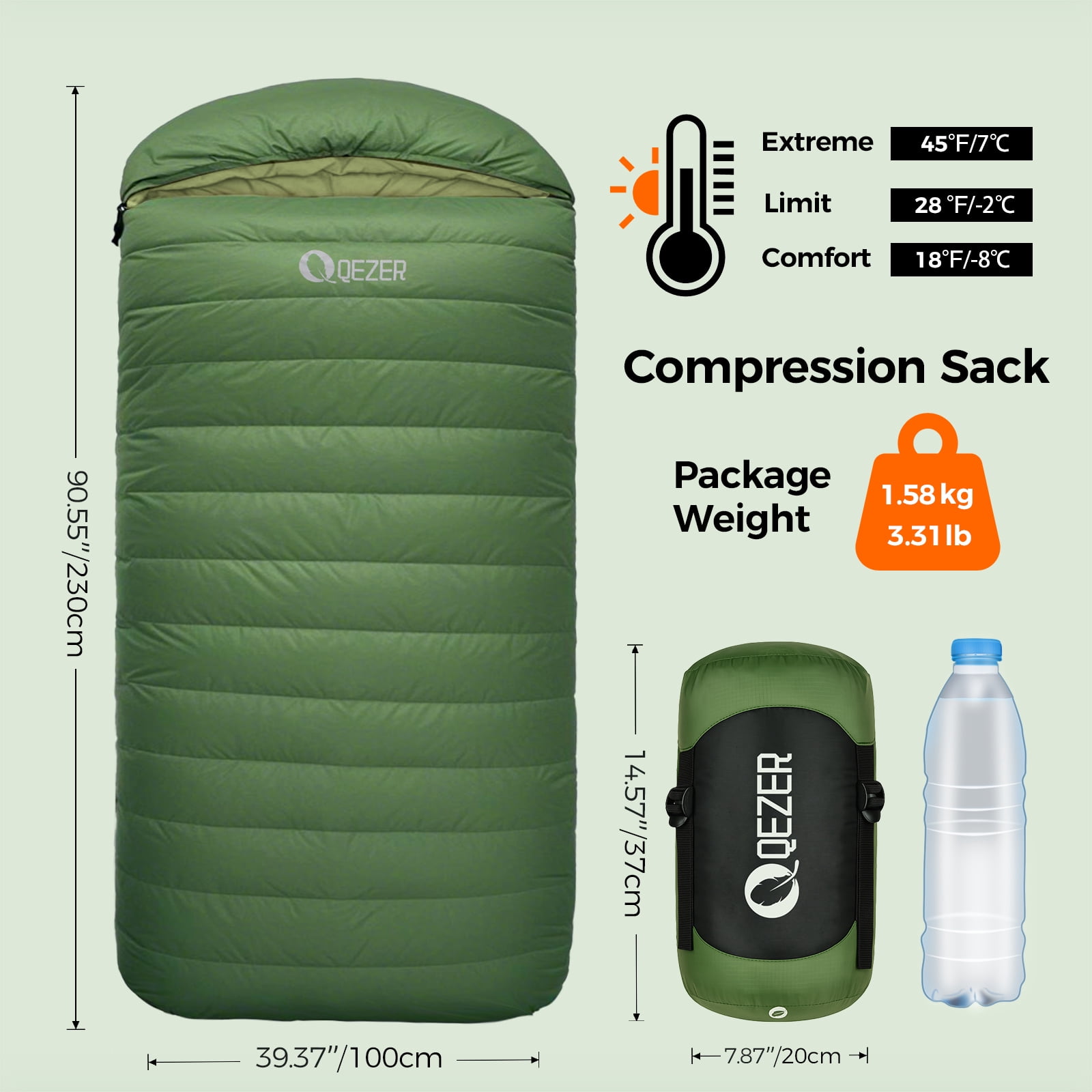 QEZER XL Sleeping Bag, Suitable for 4 Seasons Oversized Ultralight Backpacking Sleeping Bag for Adults, Great for Camping and Hiking