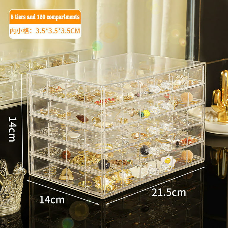 Acrylic Jewelry Organizer Box, Clear Earring Finger Ring Storage,  Transparent Earring Ring Nails Craft Case Holder Display Tray, 120  Compartments 5 Drawers for Women Girls 